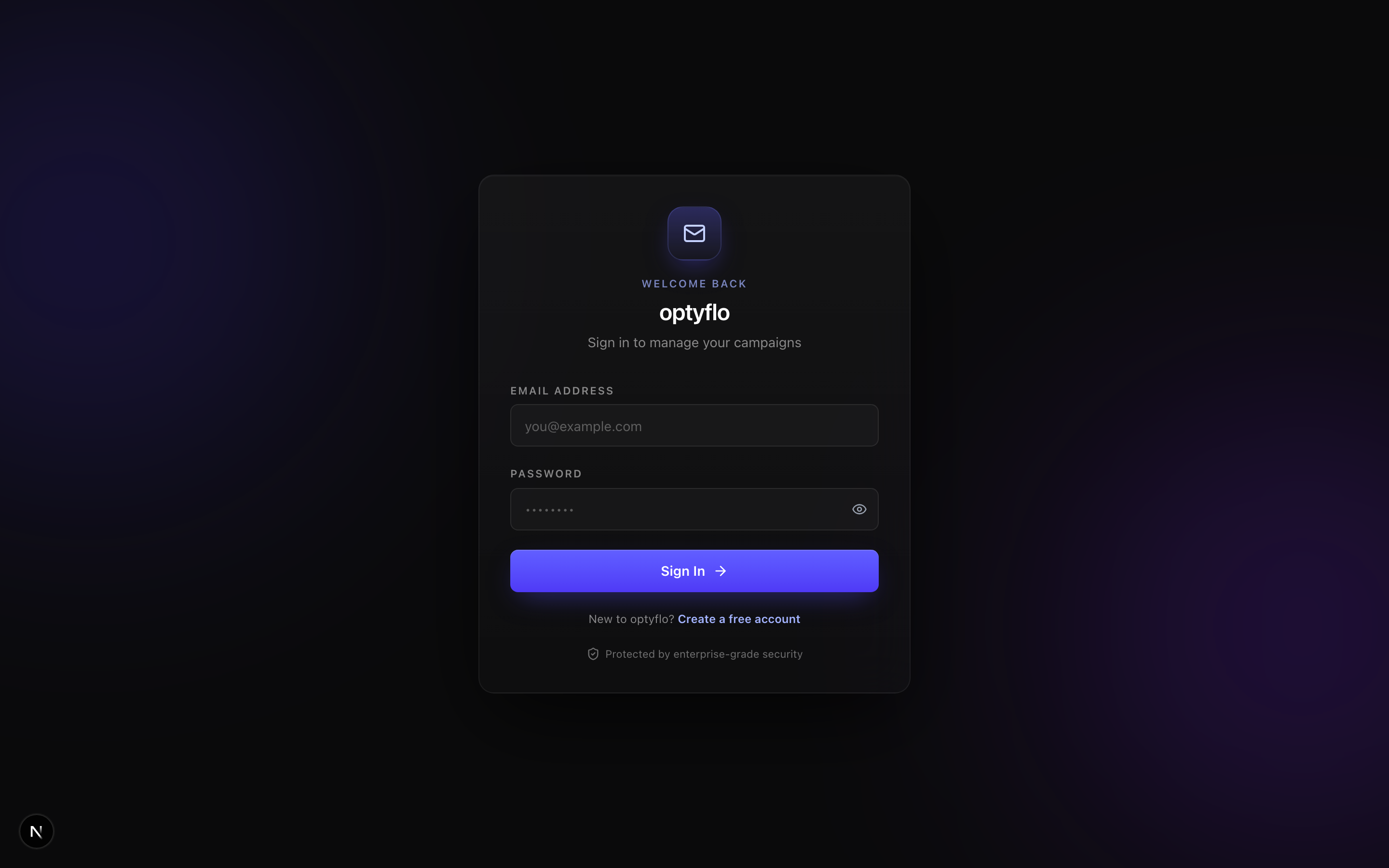 The optyflo login screen