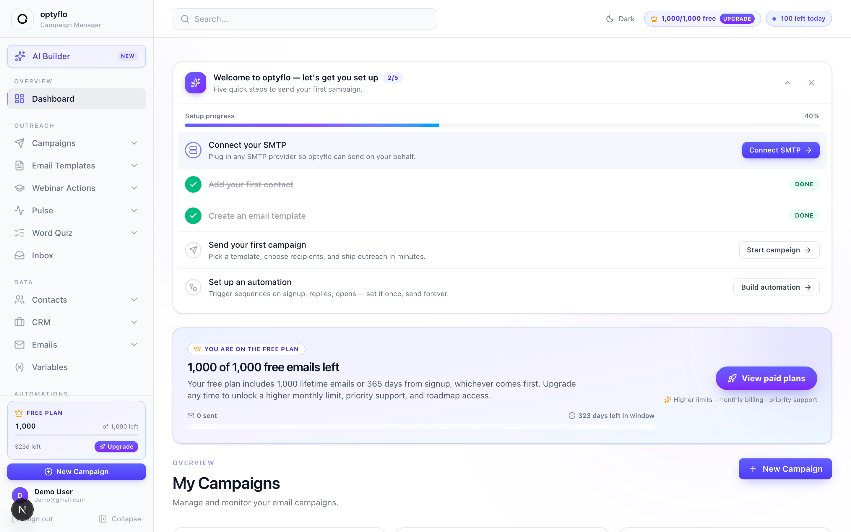 The optyflo dashboard after login