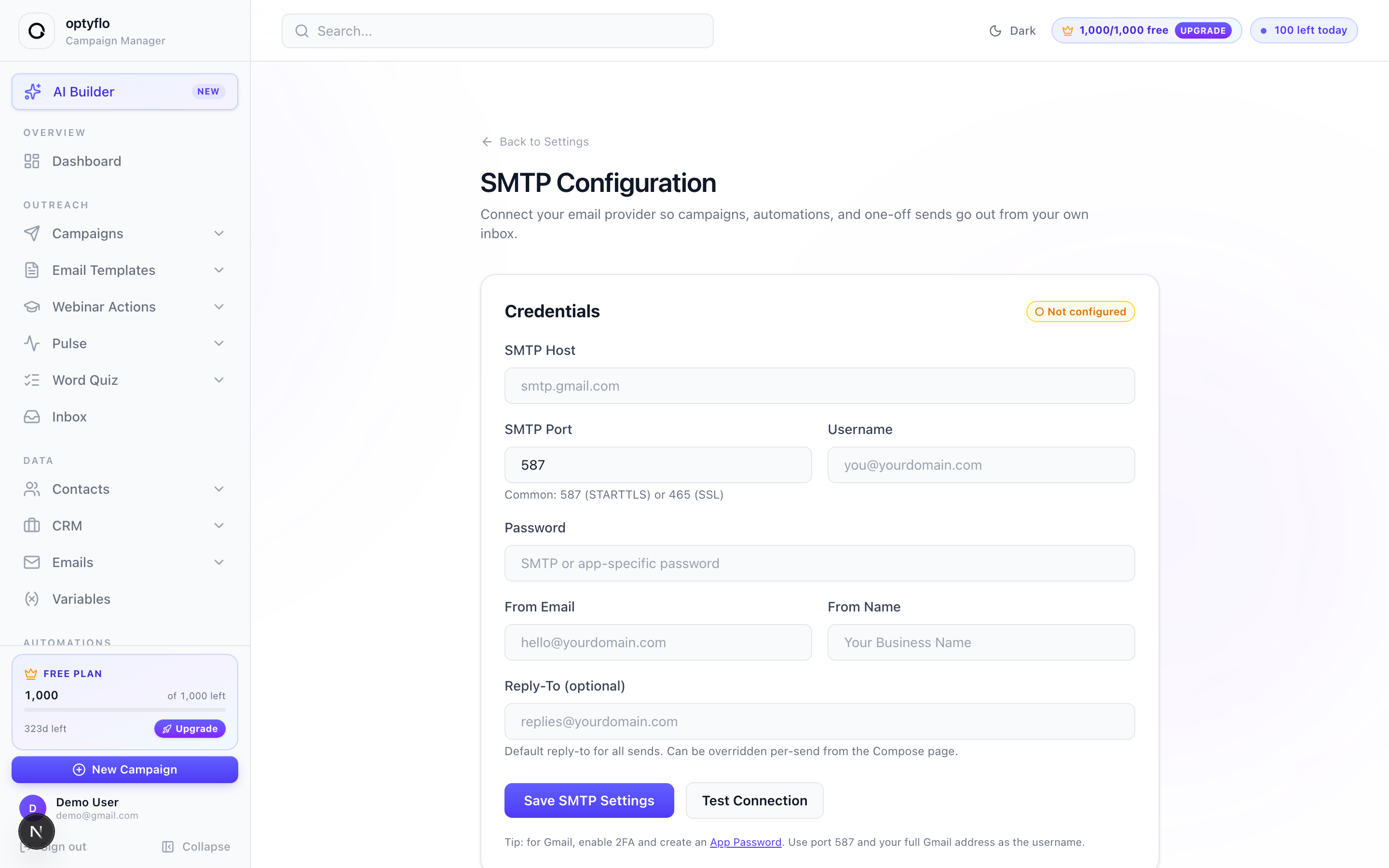 The SMTP Configuration page