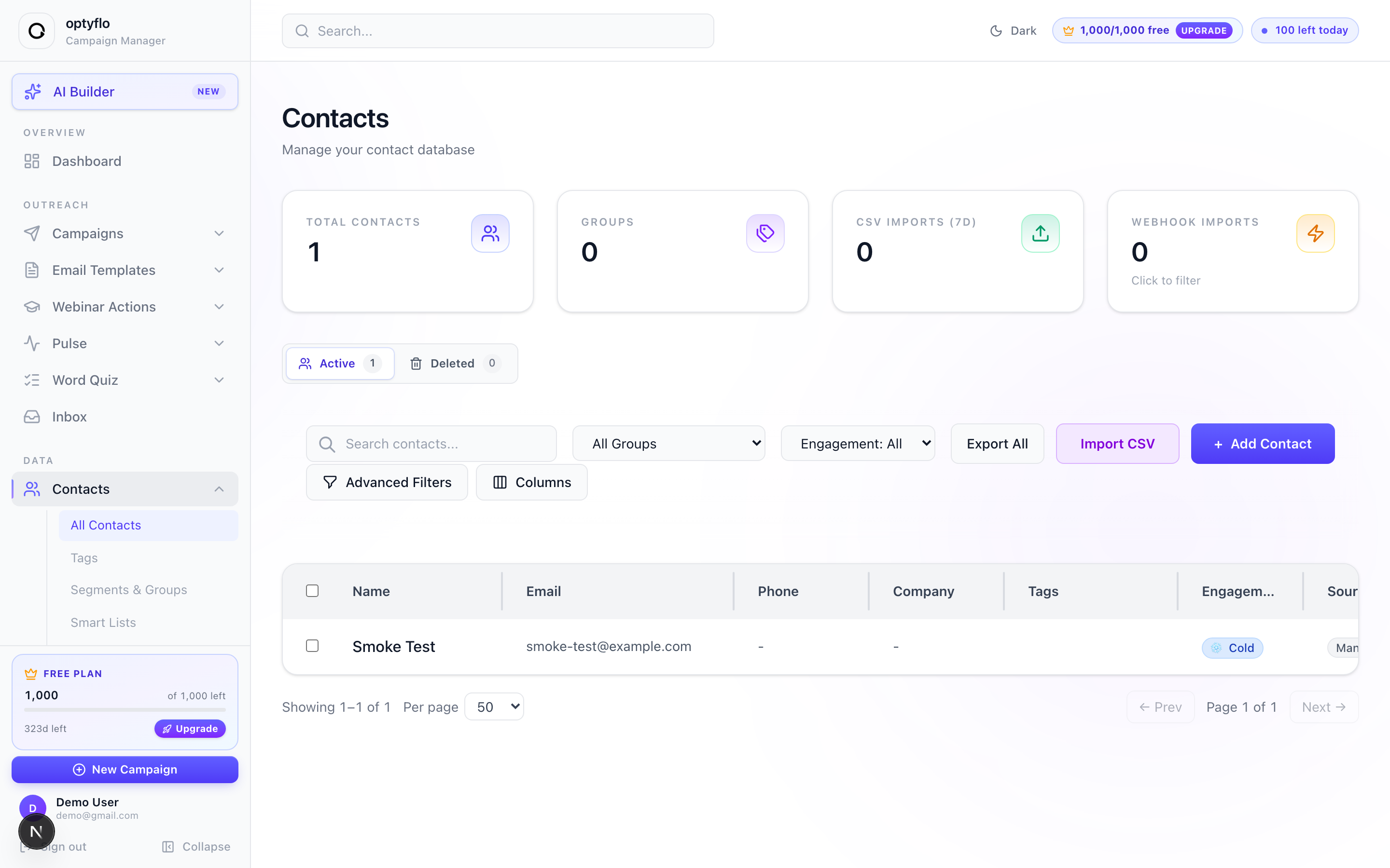 The Contacts list page with stat cards, search, and the contact table