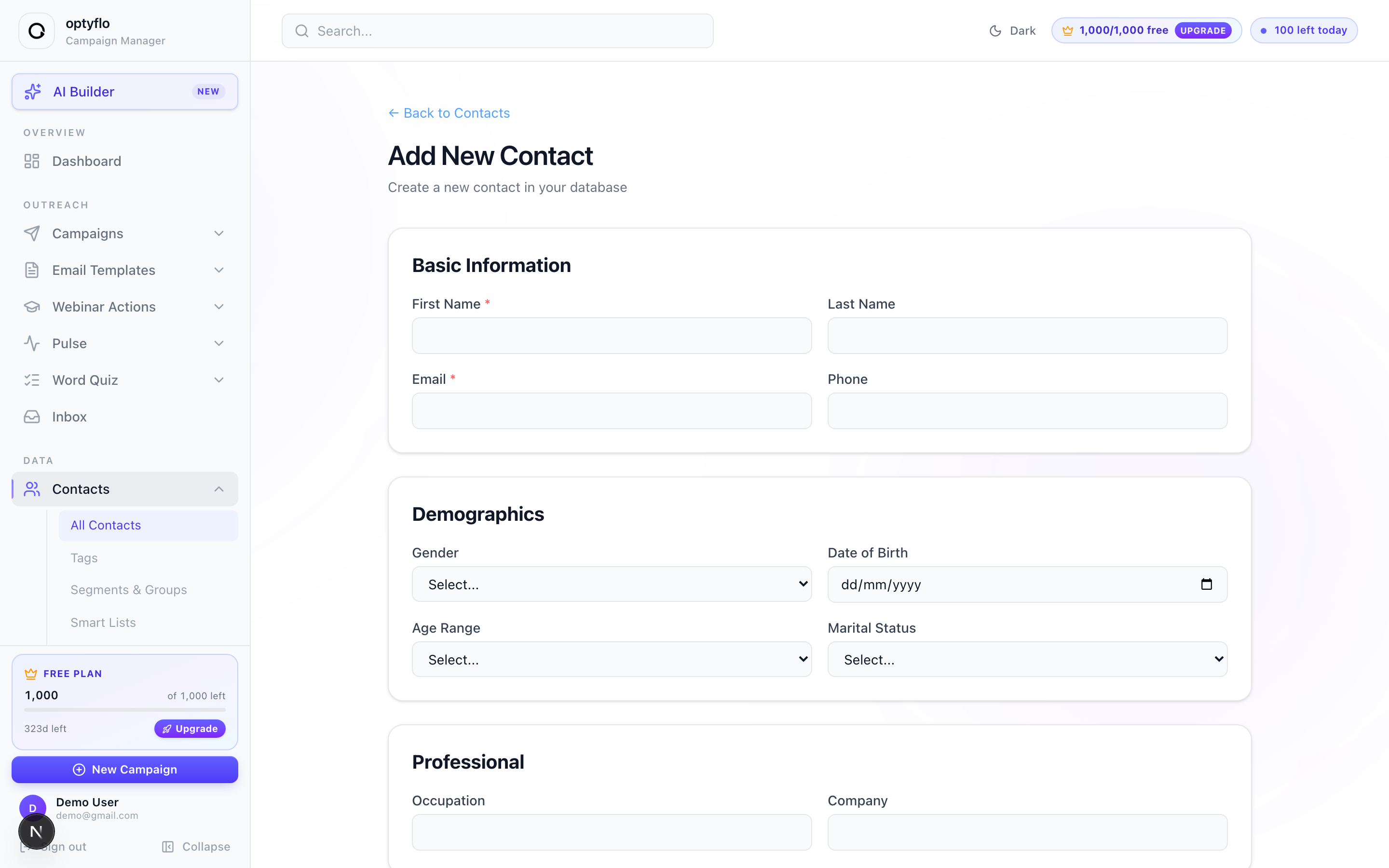 The Add New Contact form grouped into labelled cards