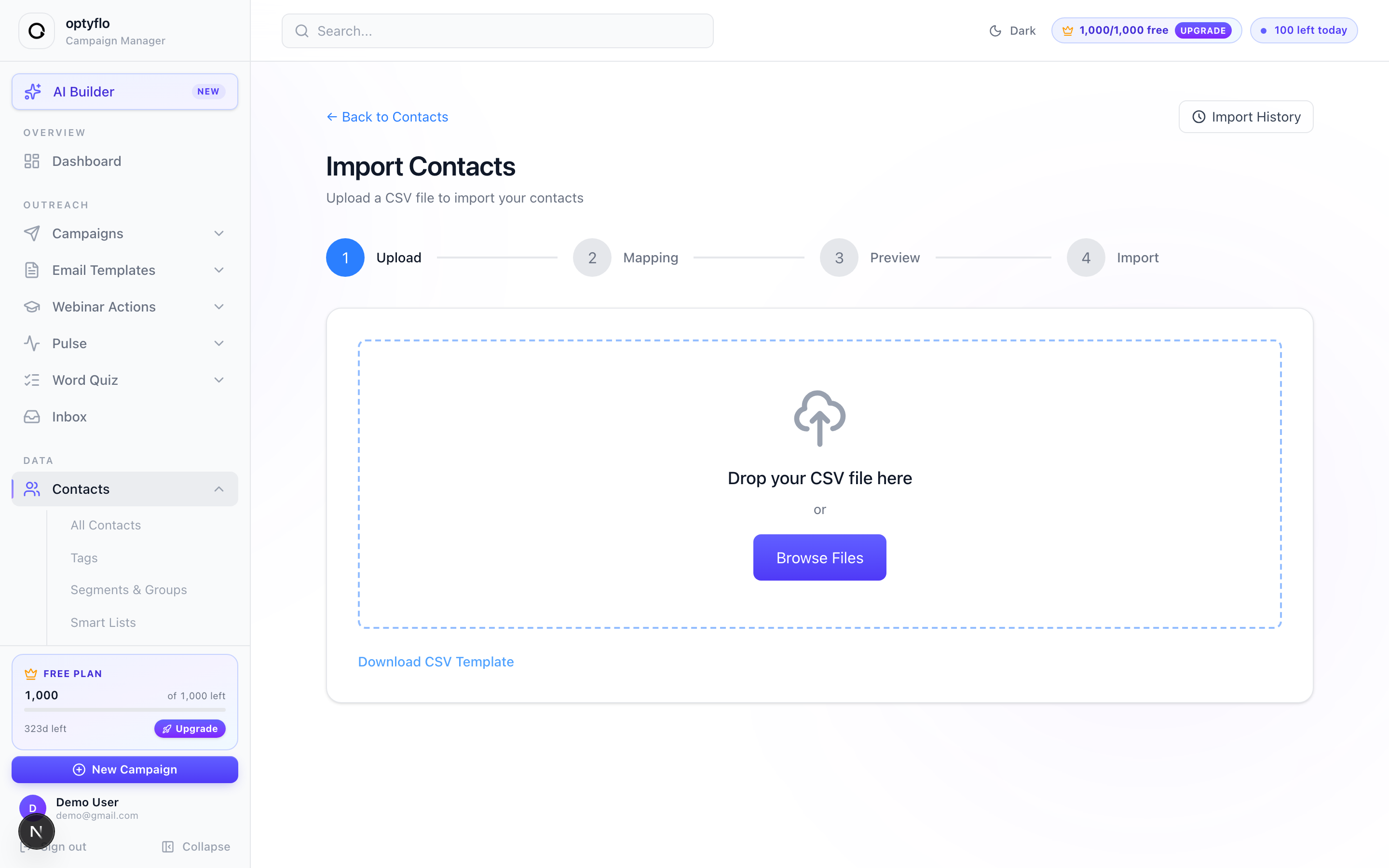 The CSV import upload step with drop zone and template download