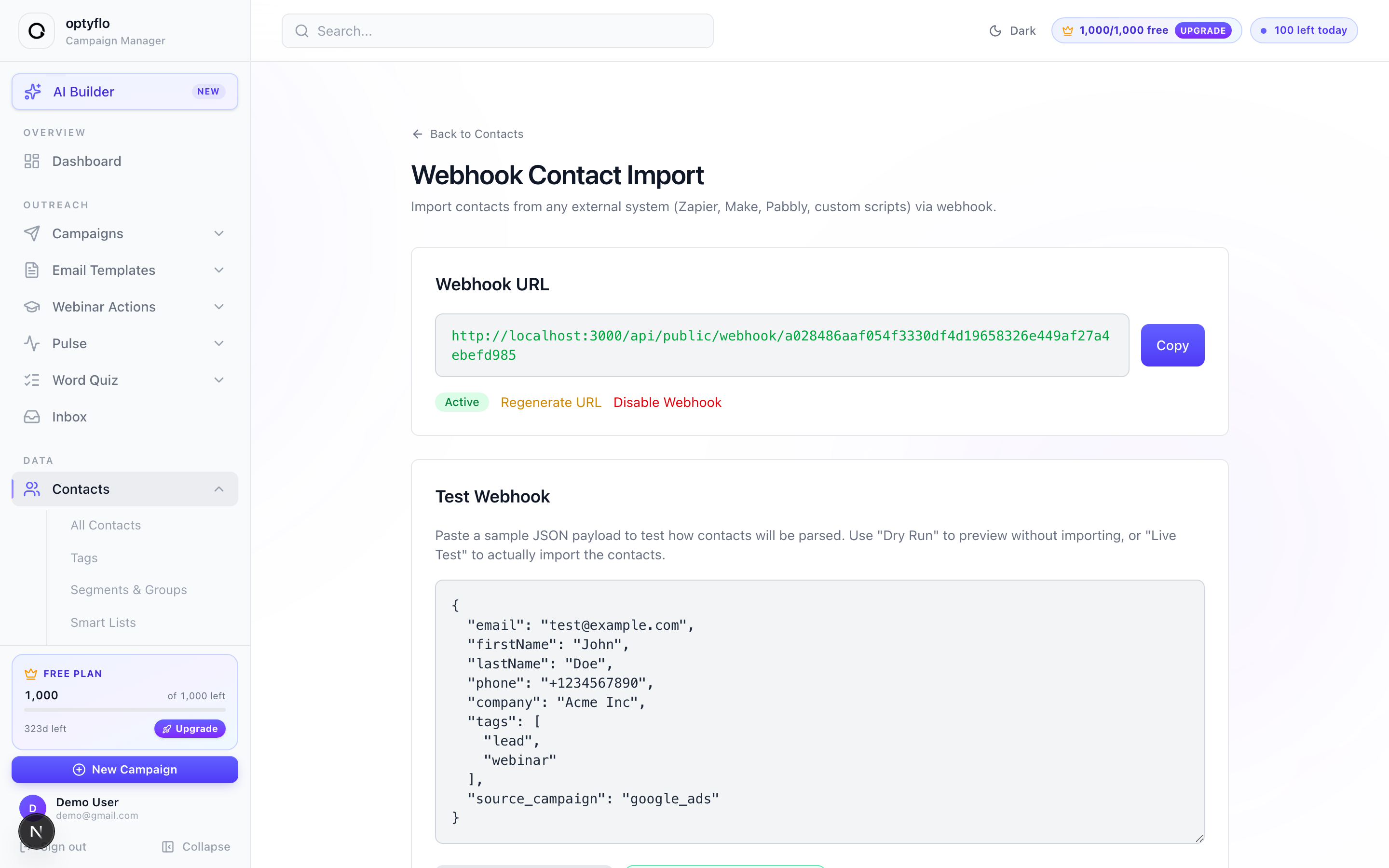 The Webhook Contact Import page with an active URL, Copy button, and test panel