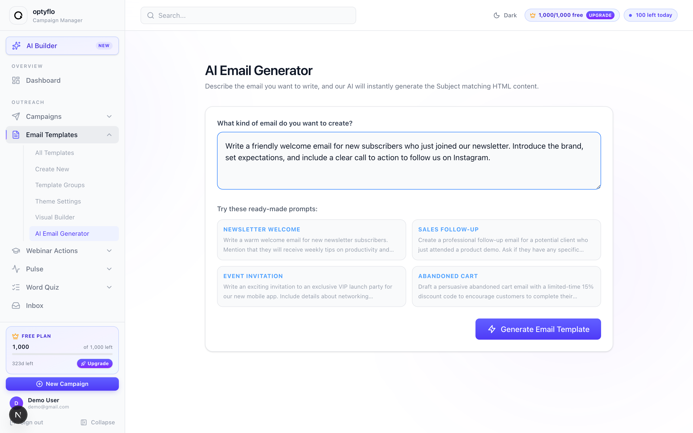 The AI Email Generator page