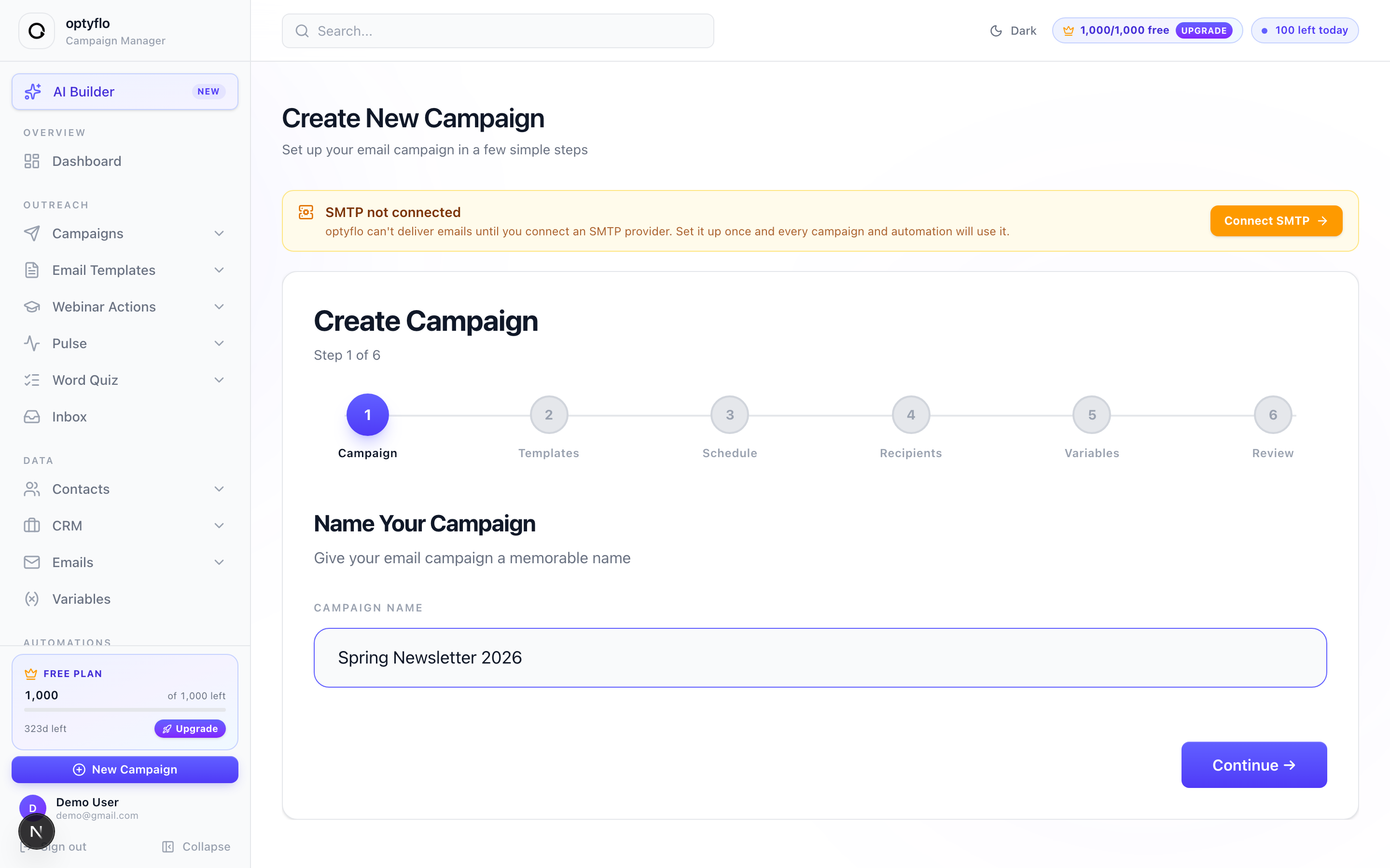 Step 1 of the campaign wizard — naming the campaign