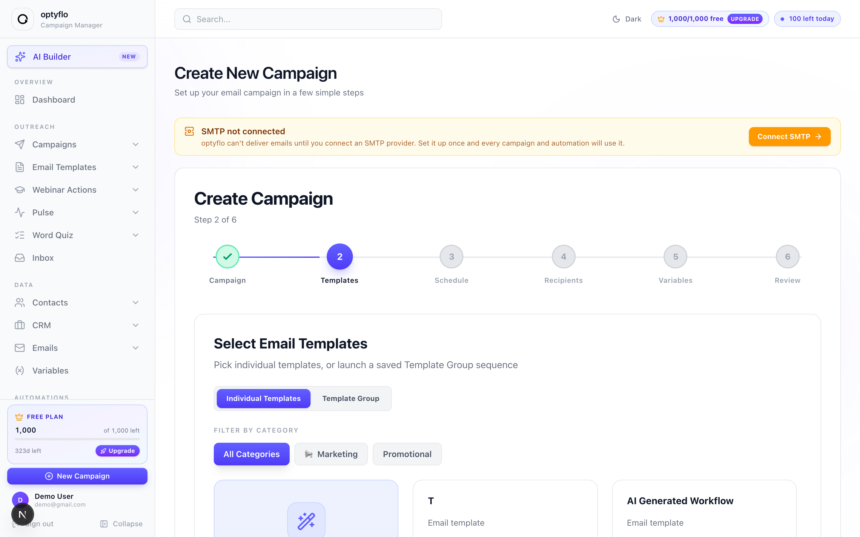 Step 2 — selecting templates, with the Generate with AI card