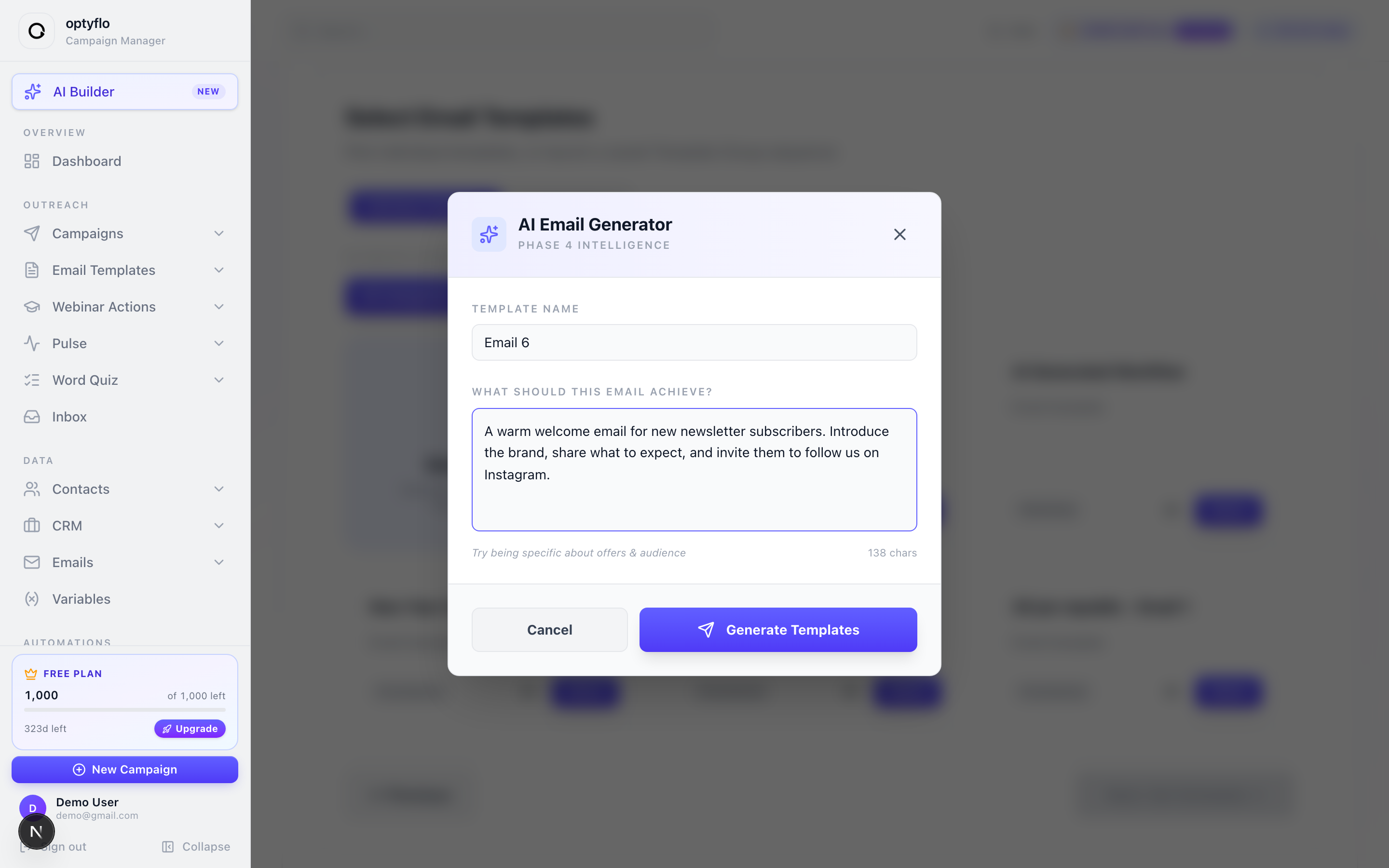 The AI Email Generator modal inside the campaign wizard