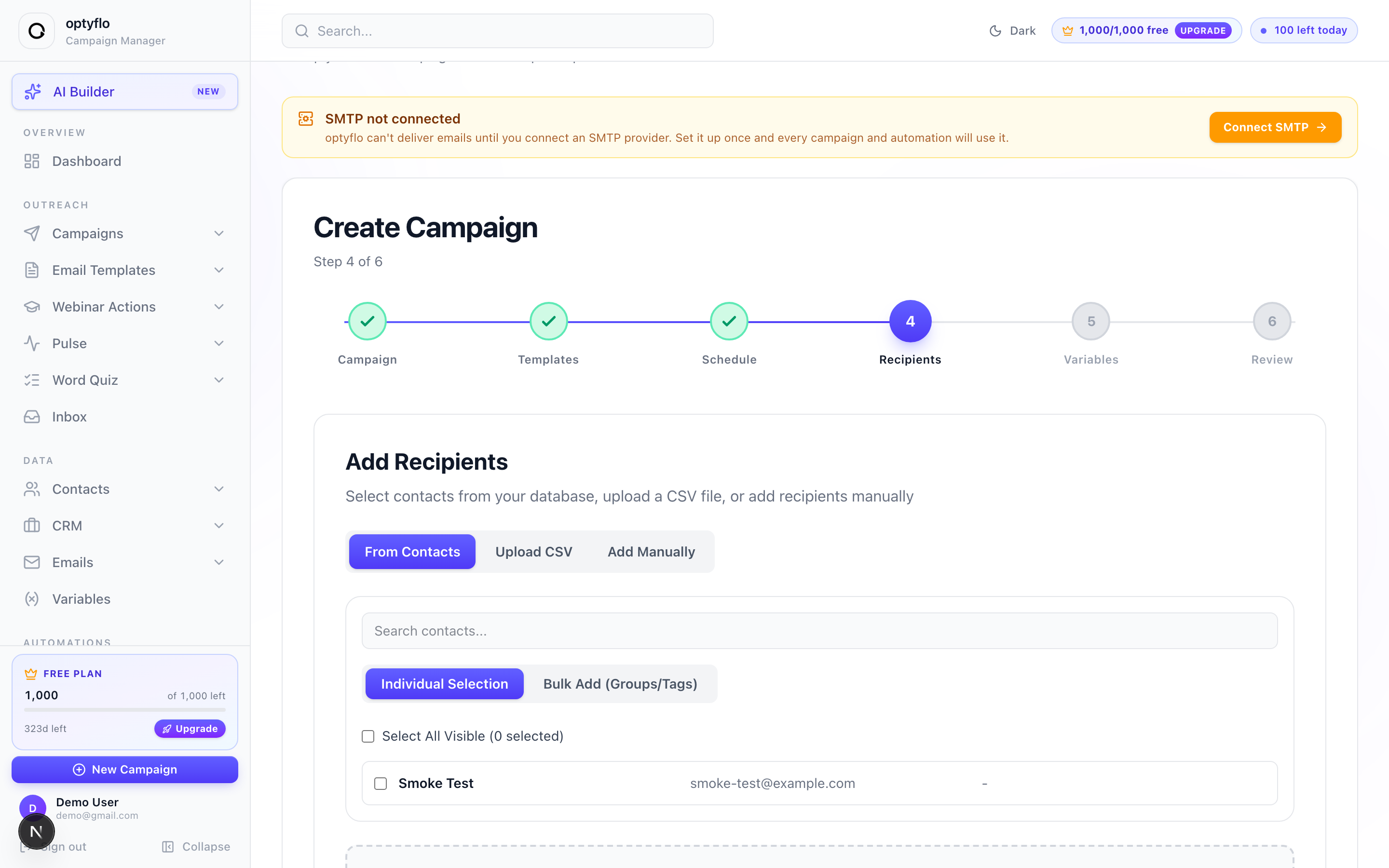 Step 4 — adding recipients from contacts, CSV, or manually