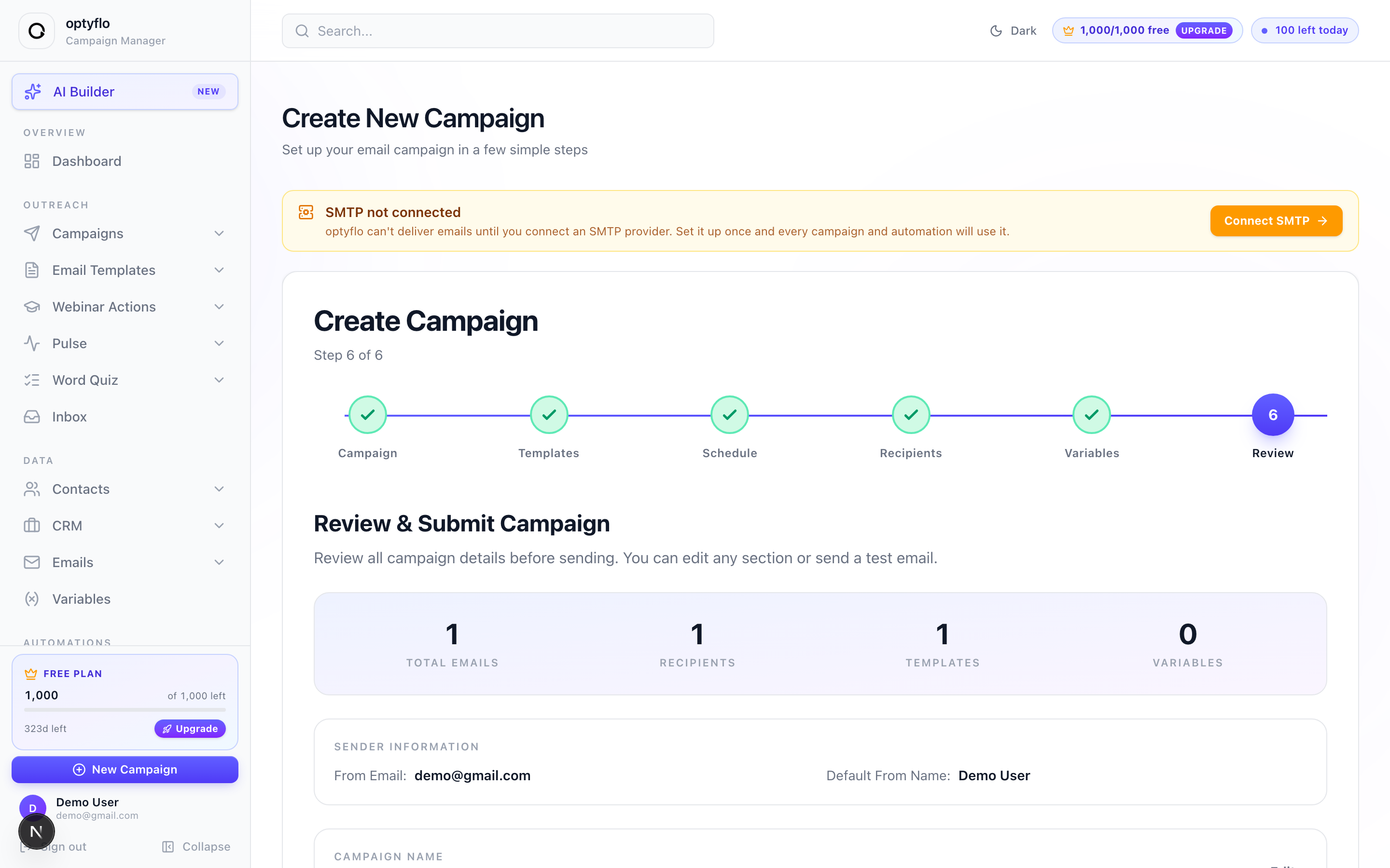 Step 6 — reviewing campaign details before submitting