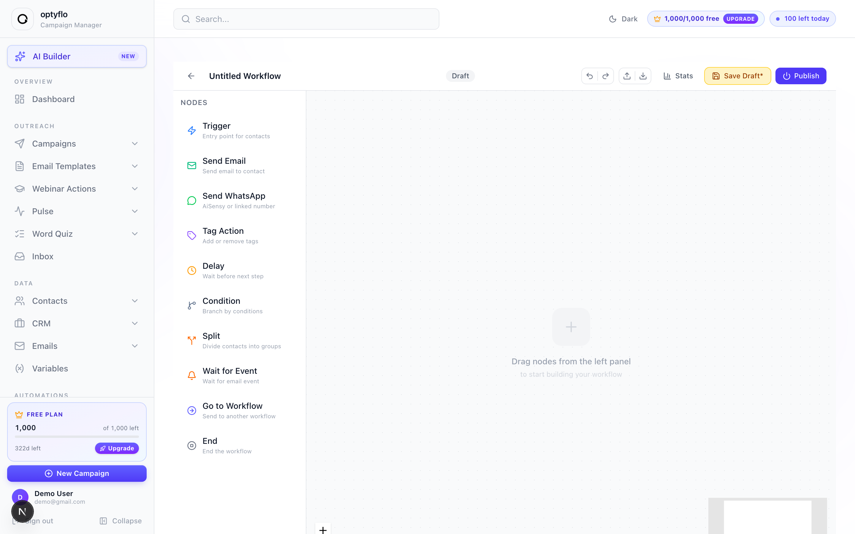 The Automation 3.0 workflow builder with the Nodes palette