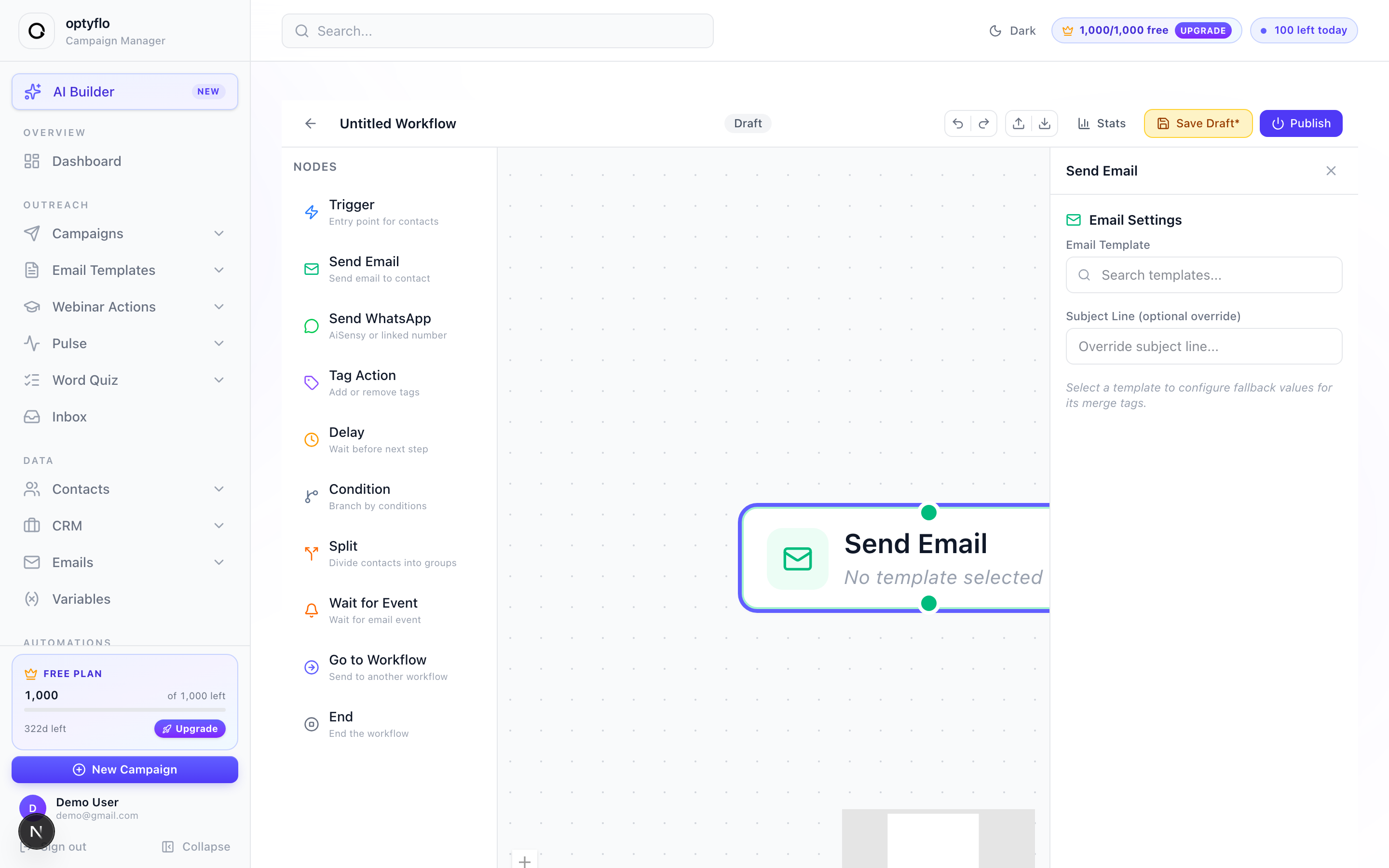 The Send Email node and its Email Settings panel